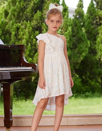 Vista 4 de GRACE KARIN Vestido de lentejuelas de un hombro para niñas, vestido de fiesta alto y bajo para 5-14 años