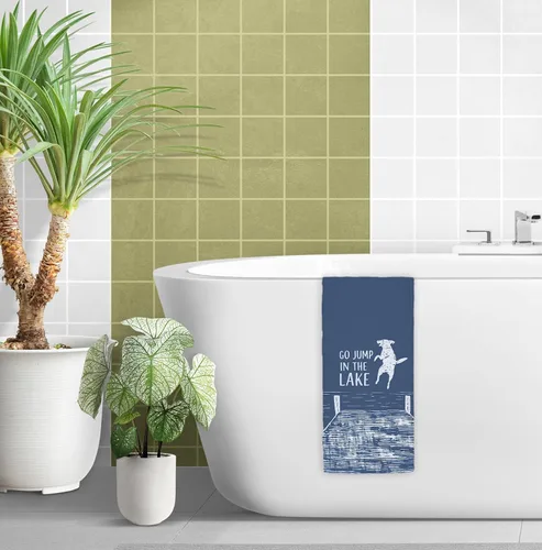 Vista 5 de Toallas de cocina azules con decoración de casa del lago, regalos para casa del lago, toallas de cocina divertidas con temática de perro del lago