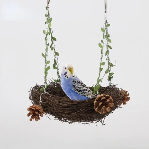 Vista 3 de Nido de ratán natural pequeño, mediano y grande, columpio para pájaros para loro, cacatúa, conure, cacatúa, guacamayo amazónico, agapornis gris