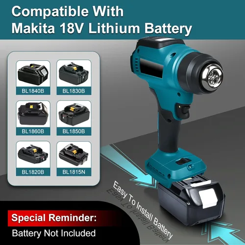 Vista 5 de Pistola de calor inalámbrica para batería Makita de 18V, pistola de aire caliente de soldadura de 350W con calentamiento rápido de 122℉-1022℉