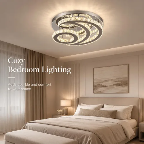 Vista 8 de Lámpara de techo LED moderna de 15.7 pulgadas, lámpara de araña de cristal de montaje empotrado, lámpara moderna con forma de luna redonda para sala