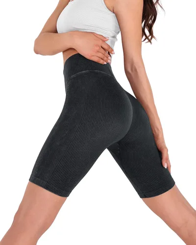 Vista 4 de ODODOS Pantalones cortos de yoga sin costuras para mujer, cintura alta, levantamiento de glúteos, lavado ácido, acanalado, entrenamiento, gimnasio
