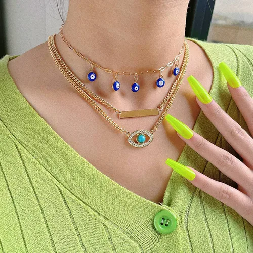 Vista 2 de Long tiantian Collares de mal de ojo para mujer, collar con dije de mal de ojo en capas de oro para niñas, bohemio, playa, media luna, malvado