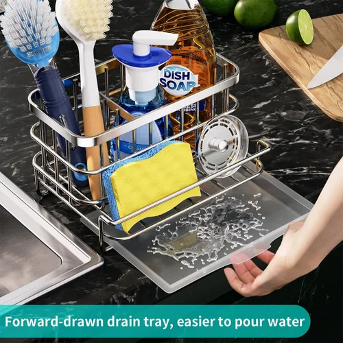 Vista 6 de HapiRm Organizador de Fregadero de Cocina, Acero Inoxidable SUS304 Antióxido Multifuncional Caddy Grande para Fregadero con Portaesponjas y Bandeja