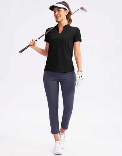 Vista 4 de Obla Polo de golf para mujer, cuello en V, manga corta, sin cuello, de secado rápido, para tenis, correr, camisetas de golf para mujer