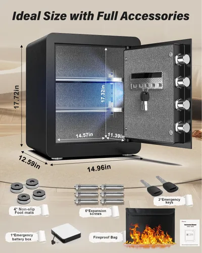 Vista 2 de Kavey Caja de seguridad biométrica de 2.0 cub, caja fuerte de huellas dactilares con teclado retroiluminado de pantalla táctil y sistema de alarma