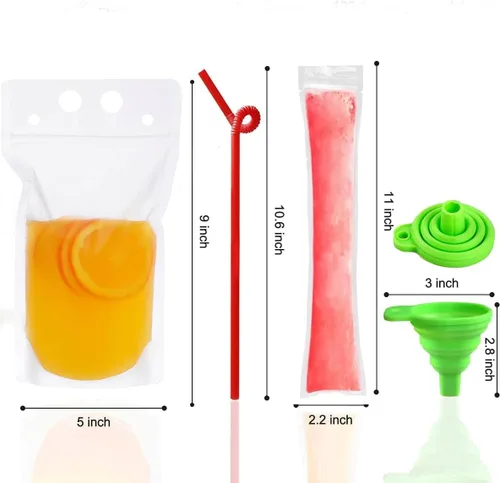 Vista 2 de 100 bolsas de doble cremallera para bebidas con 100 popotes y 30 bolsas de paletas plegables de mano resistentes para batidos, bebidas frías