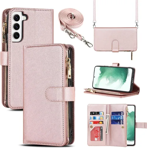 Vista 17 de Cavor Funda tipo cartera cruzada para Samsung Galaxy S22 Plus, color negro Funda de cuero con cierre magnético con cremallera y función atril TPU