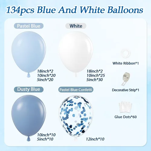 Vista 2 de Kit de arco de globos azules y blancos de 134 piezas, globos azules y blancos con confeti azul polvoriento para aniversario, revelación de género
