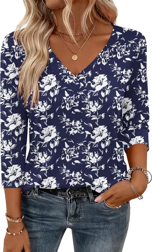Vista 16 de Zeagoo Camisetas de manga 3/4 para mujer, cuello en V, blusa casual elegante, camisetas básicas 2026, ropa de moda S-2XL