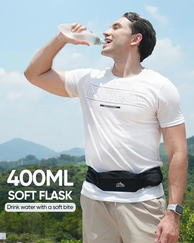 Vista 4 de Zelvot Cinturón de Correr con Riñonera Ajustable de 400ml Suave, Riñonera de Correr con Soporte para Teléfono y Toalla de Gimnasio, Bolsa de Cintura