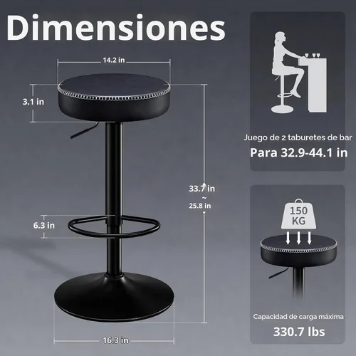 Vista 2 de STOOLINK Juego de 2 taburetes de bar giratorios de cuero de microfibra negro de altura de mostrador con asiento redondo, taburetes de bar ajustables