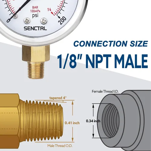 Vista 7 de SENCTRL - Medidor de presión de vacío de 30inHg, esfera de 2", NPT de 1/8, montaje inferior, estuche de acero inoxidable, resistente al agua