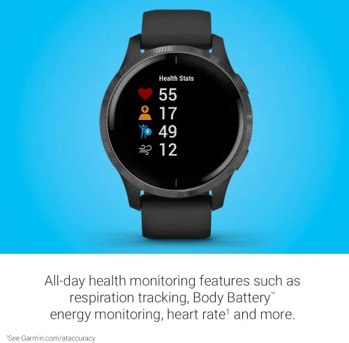 Vista 4 de Garmin 010-02173-11 Venu, GPS SmartWatch con pantalla táctil brillante, presenta música, monitoreo de energía corporal, entrenamientos animados