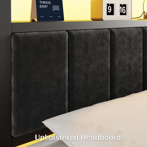 Vista 7 de OLEVS Base de cama individual con luces LED y salidas USB, cama individual de plataforma con cabecera de almacenamiento, no necesita somier, fácil