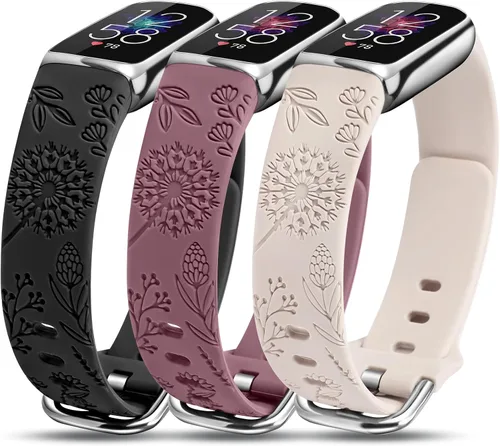 Vista 13 de Paquete de 3 correas compatibles con Fitbit Luxe para mujer, de silicona suave, con grabado floral, correa deportiva de diente de león, repuesto