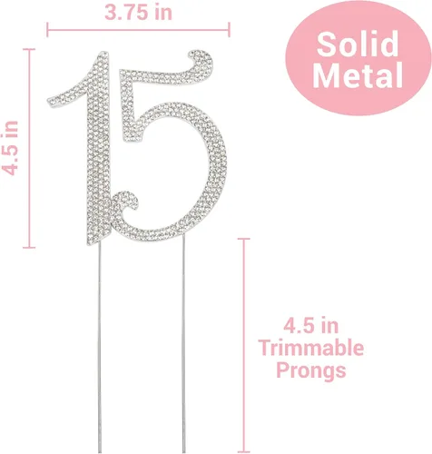 Vista 4 de 15 decoraciones para tartas – diamantes de imitación plateados – 15 cumpleaños o aniversario Premium Silver Metal - Sparkly Rhinestone Cake