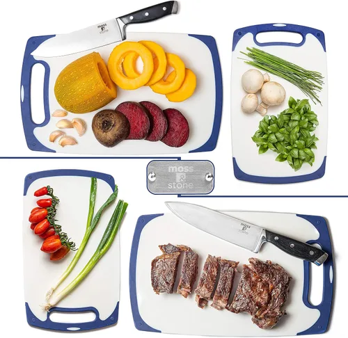 Vista 4 de Moss & Stone 2 tablas de cortar para cocina y cuchillo de chef, polipropileno y aptas para lavavajillas, 2 tablas de cortar con mango de agarre sin