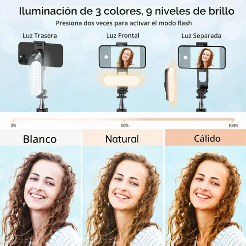Vista 2 de Trípode estable para selfie stick con luz de relleno, palo selfie extensible de 44 pulgadas con control remoto inalámbrico y soporte de trípode Negro