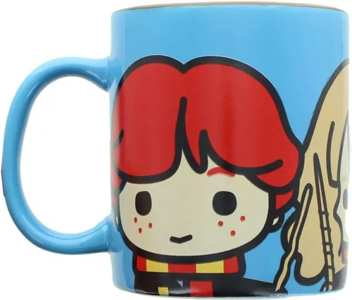 Vista 2 de Harry Potter Taza de café, 11 onzas, color azul con diseño de Harry, Hermione y Ron Chibi, regalo para niños y adultos, cerámica