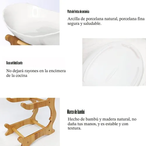 Vista 6 de Liywall - Frutero de cerámica de 2 niveles con soporte de madera de bambú para encimera de cocina,Cesta de frutas de porcelana para almacenamiento