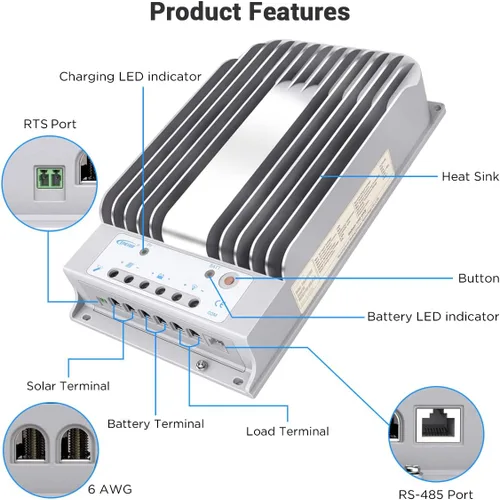 Vista 3 de EPEVER MPPT Controlador de carga solar - Controlador de carga de panel solar automático de 20 A 12 V/24 V con Max.PV 150V, medidor remoto, sensor