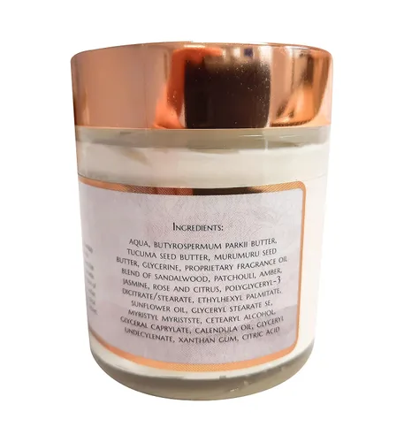 Vista 4 de Mantequilla corporal Mistique, sándalo, pachulí y especias, rica crema hidratante corporal con mantequilla de tucuma y acondicionador profundo