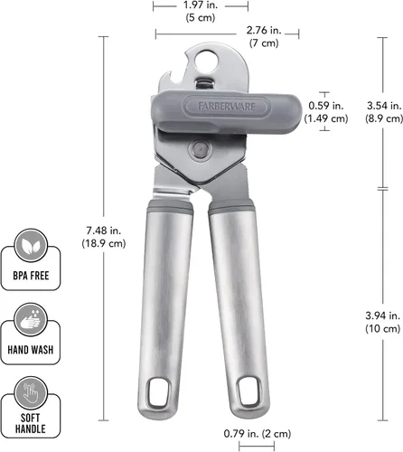 Vista 5 de Farberware Abrelatas manual Pro de acero inoxidable con asas ergonómicas suaves y abrebotellas integrado, apto para lavavajillas, gris