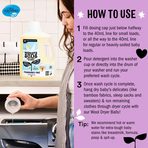 Vista 5 de Detergente Molly's Suds para ropa de bebé líquido Elimina fórmula, caca y manchas de escupir Extra suave para bebés, niños pequeños