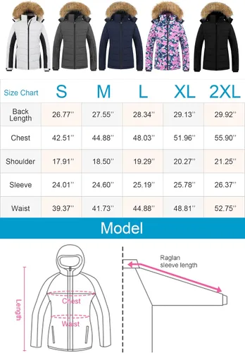 Vista 7 de Pursky Chaqueta de esquí impermeable para mujer, abrigo de nieve acolchado de invierno, abrigo de piel con capucha