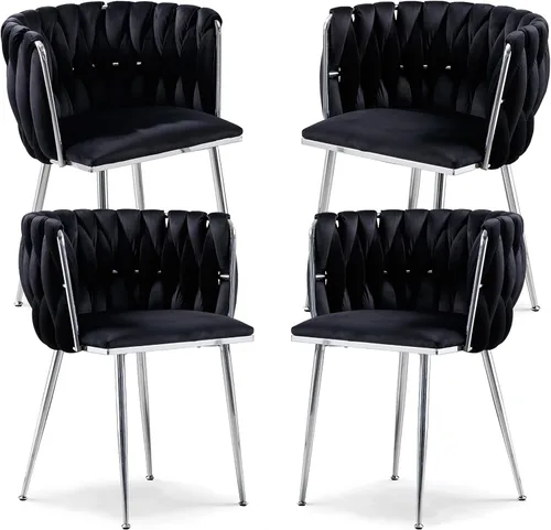 Vista 19 de Juego de 2 sillas de comedor de terciopelo, sillas laterales tapizadas tejidas con patas de metal negro, sillas decorativas modernas, sillas