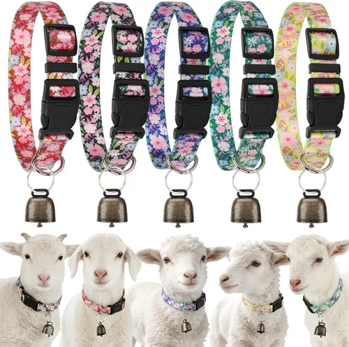 Vista 11 de Paquete de 5 collares reflectantes de cabra con campanas, collar para mascotas antipérdida Adjustable Nylon Collar & Sheep Grazing Copper Bells