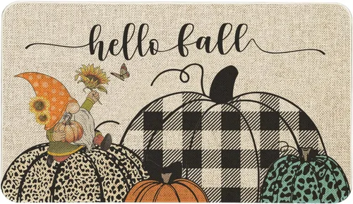 Vista 10 de Mloabuc Felpudo decorativo de otoño naranja con texto divertido de calabaza de bienvenida, tapete para interiores, decoración creativa de temporada