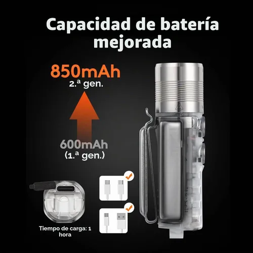 Vista 3 de RovyVon Aurora A28 2ª linterna EDC USB-C, 6500K blanco frío máximo 1000 lúmenes, linterna pequeña recargable de 850 mAh, con luces laterales