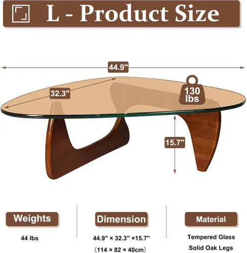 Vista 2 de Mesa auxiliar triangular con base de madera, tapa de vidrio transparente, mesa auxiliar abstracta para sala de estar, oficina