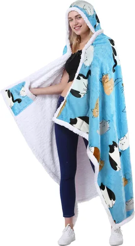 Vista 2 de Catalonia Poncho con capucha, Manta para vestir con bolsillos para las manos, Capa Cómoda de forro polar Sherpa para niños y adultos, Regalo