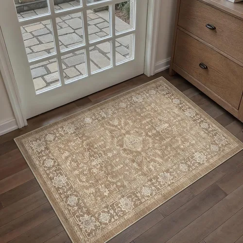 Vista 101 de PureCozy Alfombra de área beige de 2 x 3 pulgadas, lavable, vintage, pequeña, para entrada, cocina, suave, retro, floral, de pelo bajo, tapete
