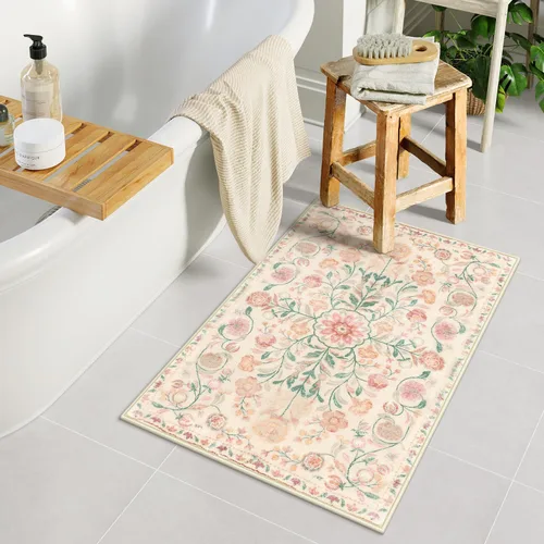 Vista 6 de Uphome Alfombra de baño bohemia con diseño floral beige, ultra suave, antideslizante, vintage, lavable a máquina, alfombra de baño floral para baño