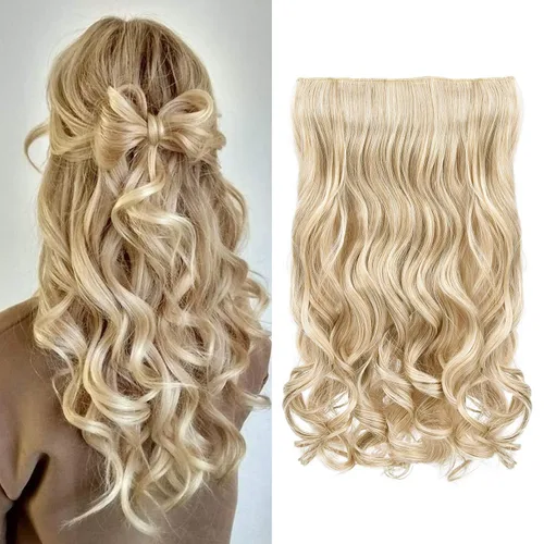 Vista 55 de REECHO Extensiones de cabello rubio, extensiones de una pieza con clip de 20" para mujer, extensiones de cabello sintético suave y natural con ondas