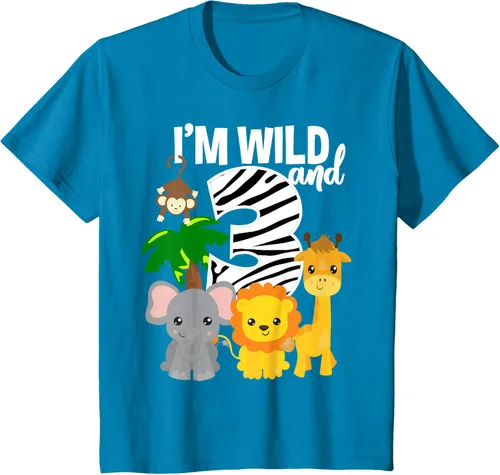 Vista 45 de Camiseta de cumpleaños con temática de zoológico de I'm Wild and 3, Negro, S