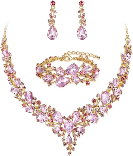 Vista 24 de BriLove - Juego de joyas de boda con cristales austriacos, collar, aretes y pulsera para mujer 01-Tono plateado transparente