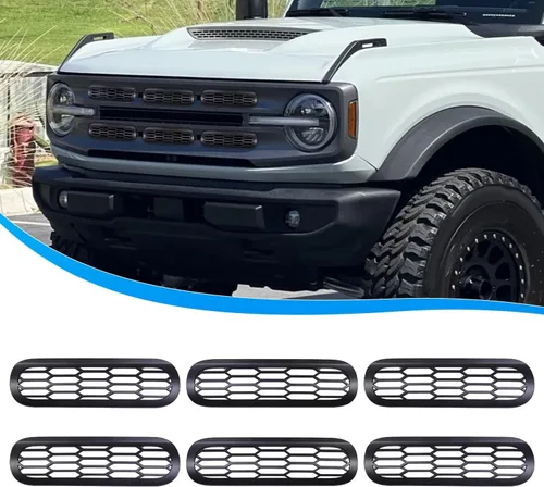 Vista 8 de Marco de cubierta de malla para parrilla delantera, insertos de parachoques delantero, accesorios de decoración con clip para Ford Bronco Offroad