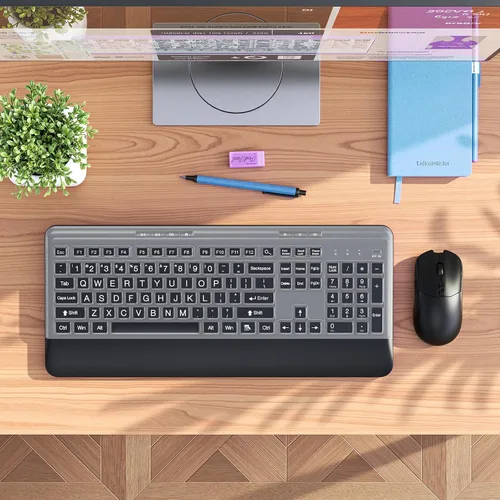 Vista 3 de Combo de teclado y mouse inalámbricos silenciosos, teclado con cubierta de impresión grande, teclado ergonómico de tamaño completo de 2.4 GHz
