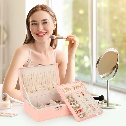 Vista 5 de Paquete de 3 cajas de joyería cajas de joyería para mujeres y organizador de joyas de viaje con espejo y caja de joyería pequeña caja organizadora