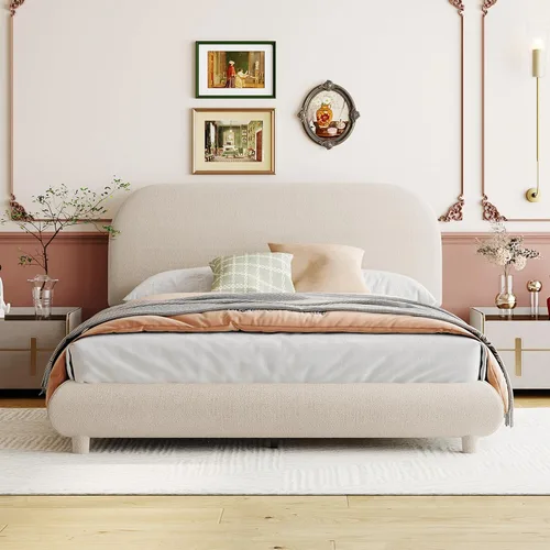 Vista 3 de Cama de Plataforma Tapizada con Forma Curva con Cabecera de Forma Curva, Marco de Cama de Madera Tamaño Full para Dormitorio de Niños y Adultos