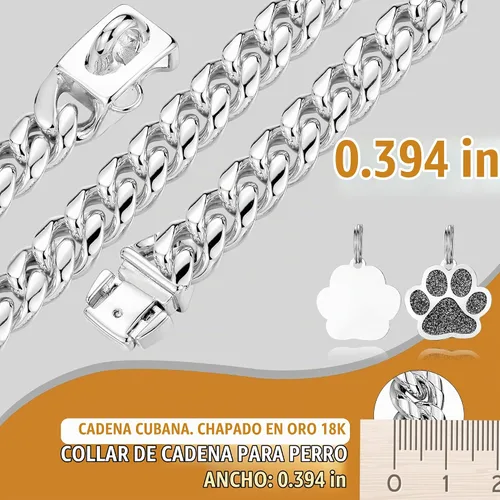 Vista 3 de Collar de cadena para perro, collar de acero inoxidable resistente de 0.394 pulgadas con eslabones cubanos, cadena de metal para perro con hebilla a