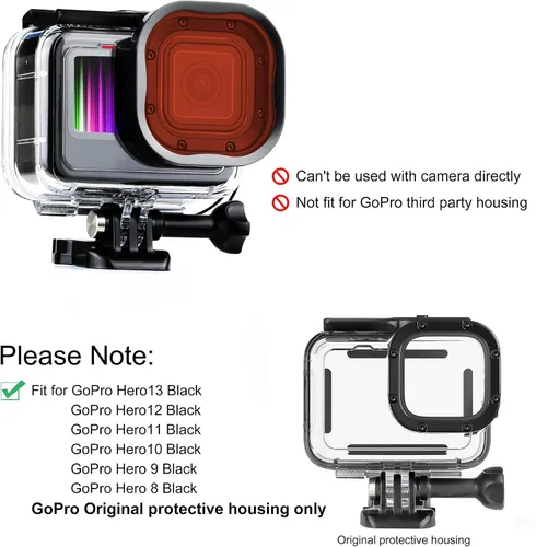 Vista 2 de SOONSUN Paquete de 3 filtros de buceo para GoPro Hero 8, 9, 10, 11, carcasa impermeable oficial, color rojo, rojo claro, filtros magenta, mejora