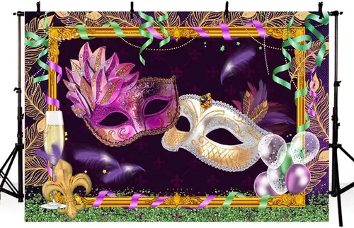 Vista 3 de Telones de fondo de Mardi Gras de 7 x 5 pies para fotografía, decoraciones de fiesta de máscaras, máscaras moradas y blancas, fondo de fotografía