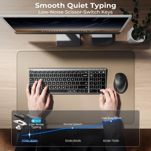 Vista 3 de iClever Combo de teclado y mouse inalámbricos Bluetooth DK05, gris espacial Gris y negro