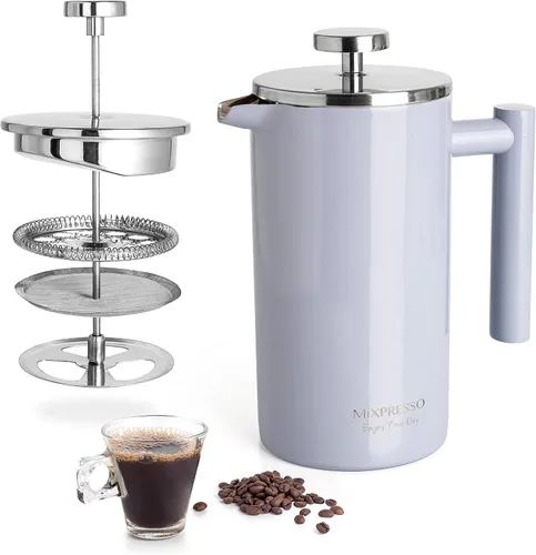 Vista 8 de Mixpresso Cafetera de Prensa Francesa de Acero Inoxidable Negro 26 Oz 770 ml, Prensa Francesa de Acero Inoxidable con Aislamiento de Doble Pared